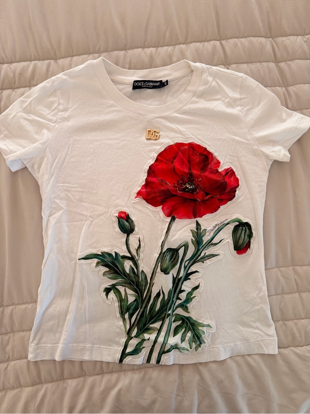 Dolce & Gabbana White Short-Sleeve Tee with Red Poppy and Green Stems